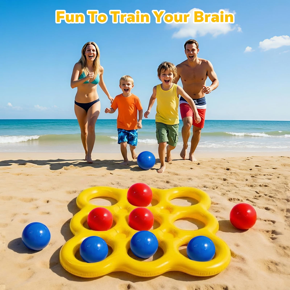 Family enjoying MoKo Tic-Tac-Toe pool game at a sunny outdoor party