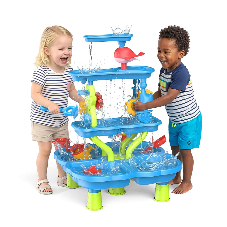 MoKo four-tier water table with 20 toy accessories for shared playtime and exploration.