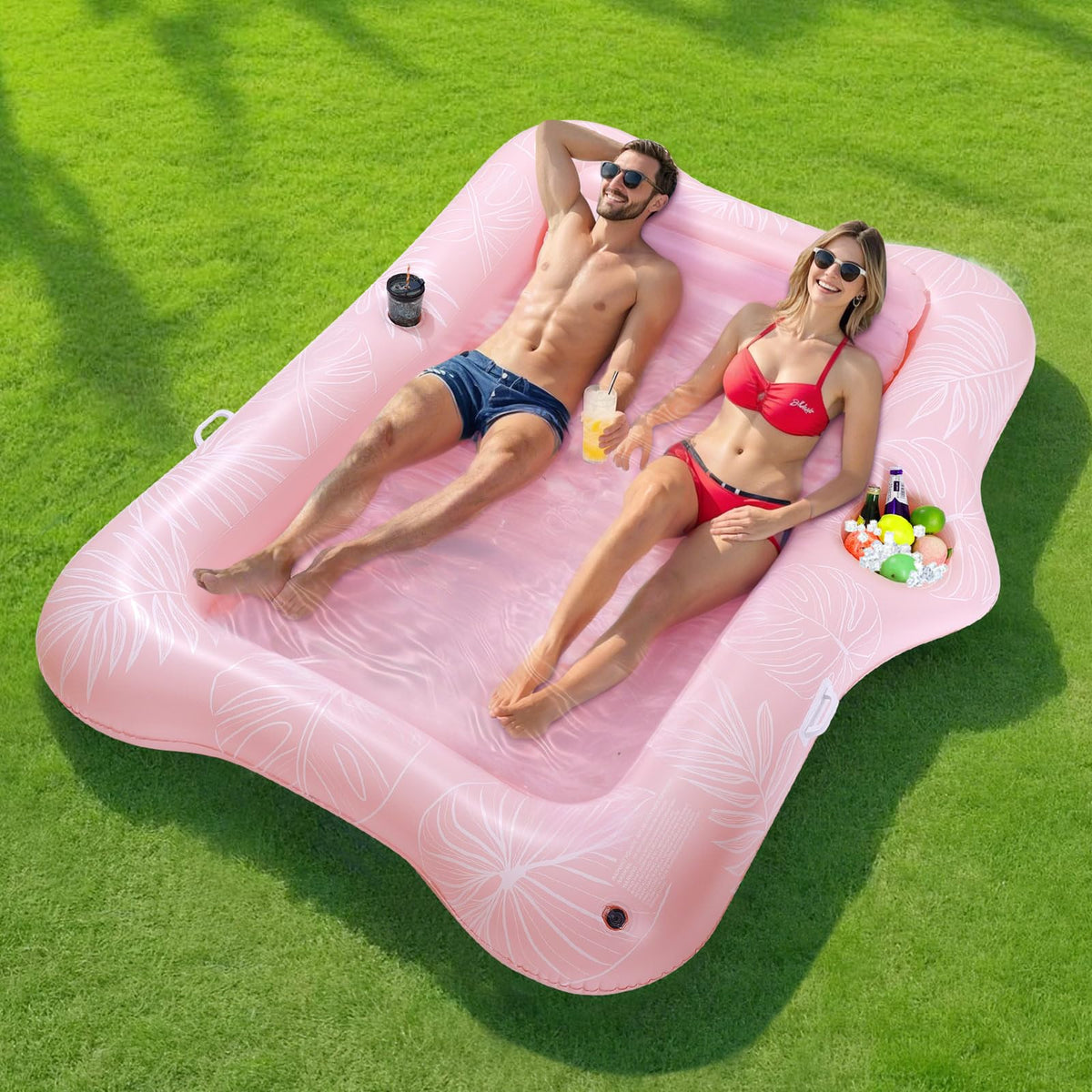 MoKo pool float with large bed and ice bar for cooling drinks on hot days.