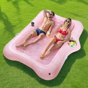 MoKo pool float with large bed and ice bar for cooling drinks on hot days.