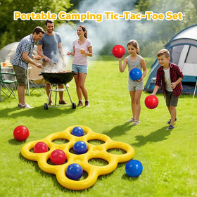 Bright yellow MoKo Tic-Tac-Toe float in water under sun