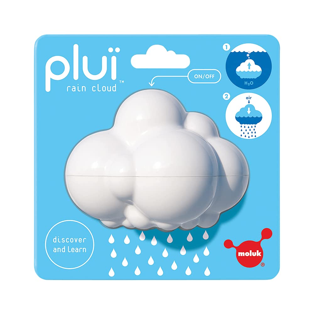 MOLUK Plui Rain Cloud bath toy demonstrates submerge to fill, promoting fine motor exploration.