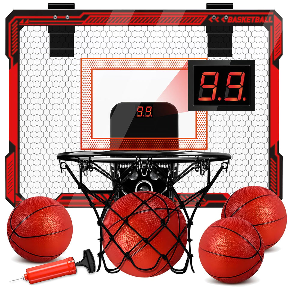 Molutsody indoor hoop with LED scoreboard for kids' home practice.