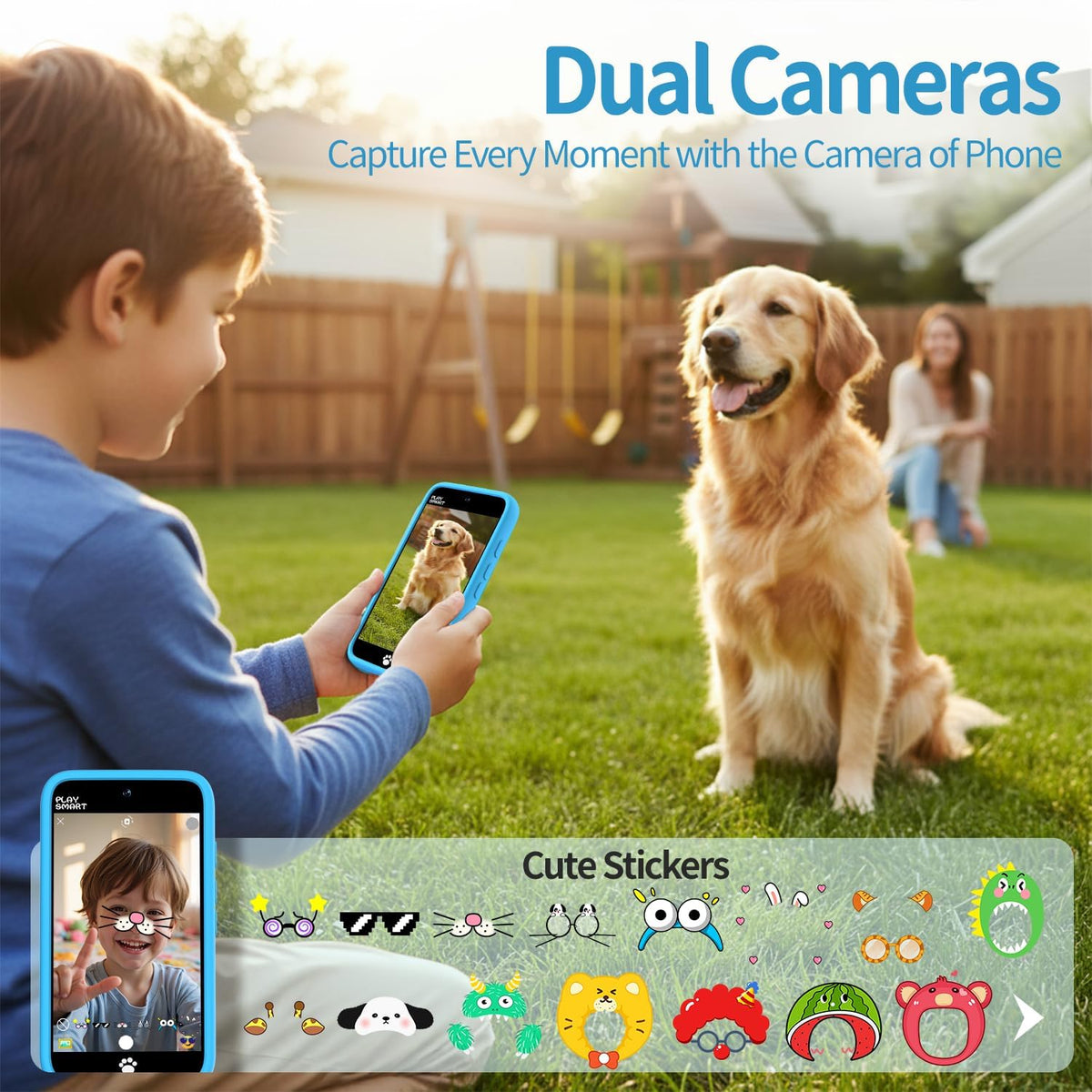 MOMILLA Kids Smart Phone stickers and frames boost imagination in photos.
