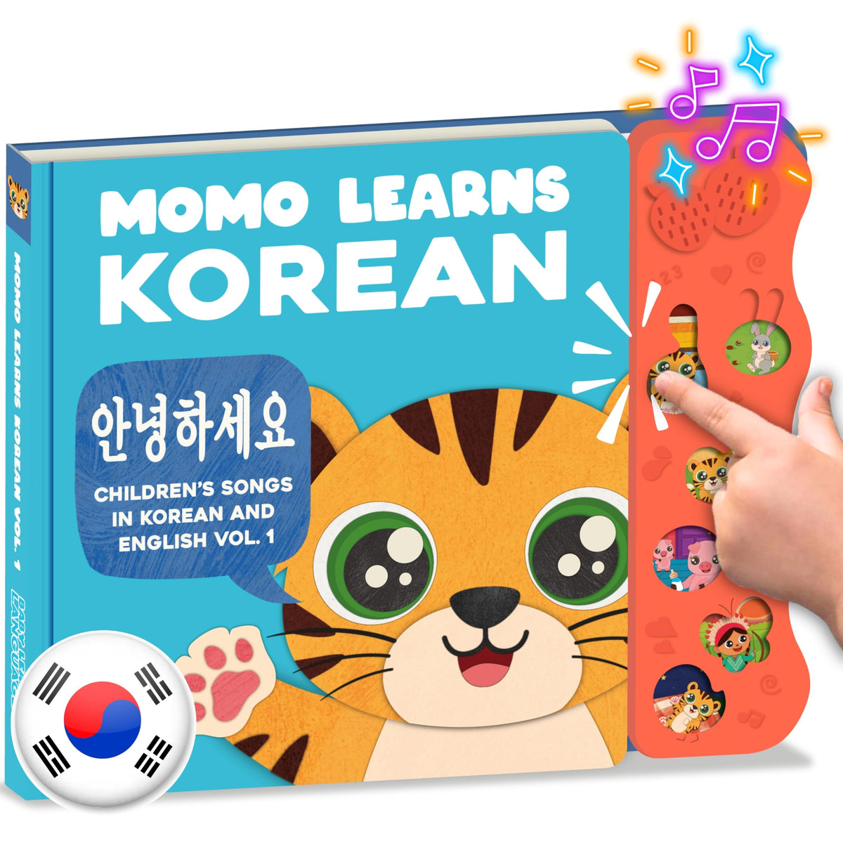 Momo Learns Korean Volume 1 cover with bright illustration for toddlers