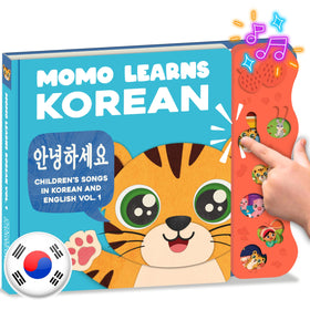 Momo Learns Korean Volume 1 cover with bright illustration for toddlers