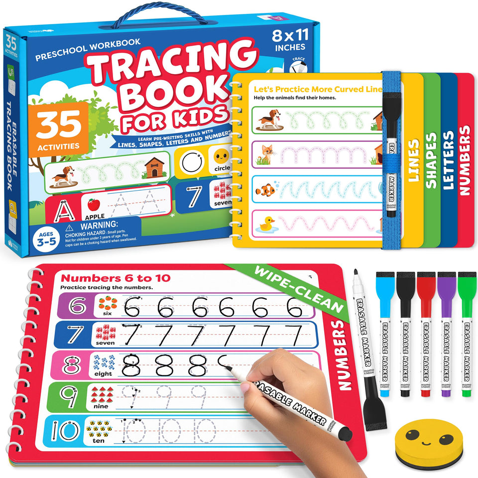 Momo and Nashi preschool workbook with tracing setup to boost early handwriting skills.