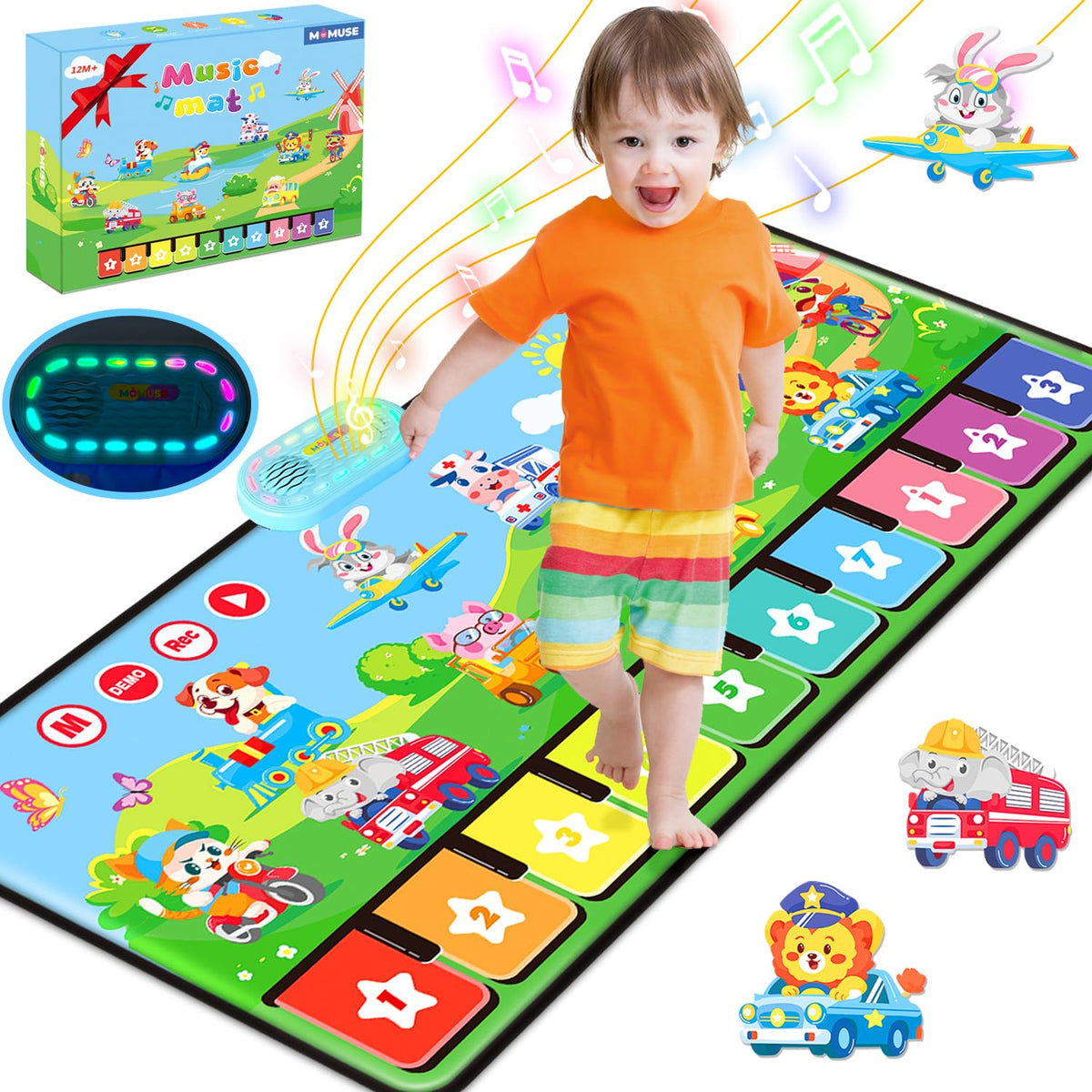 MOMUSE Piano Music Mat with animal and vehicle design for imaginative play.