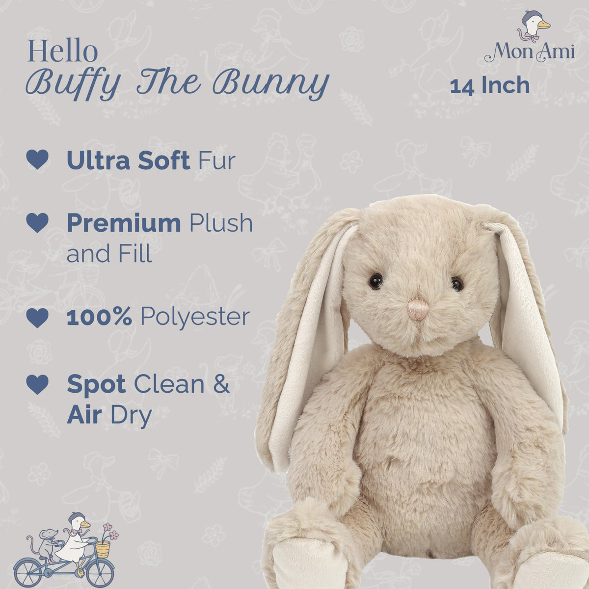 MON AMI Buffy the Bunny 14-inch plush cuddling child, huggable companion for bedtime and travel.