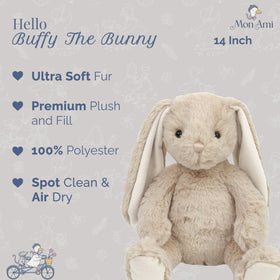 MON AMI Buffy the Bunny 14-inch plush cuddling child, huggable companion for bedtime and travel.