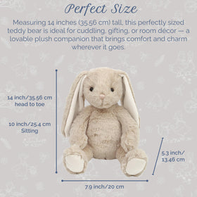MON AMI Buffy the Bunny 14-inch plush on shelf with nursery decor highlights cozy ambiance.