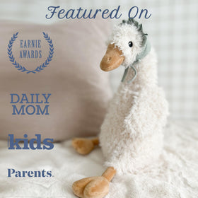 Durable stitching helps Greta Goose endure daily hugs and games.
