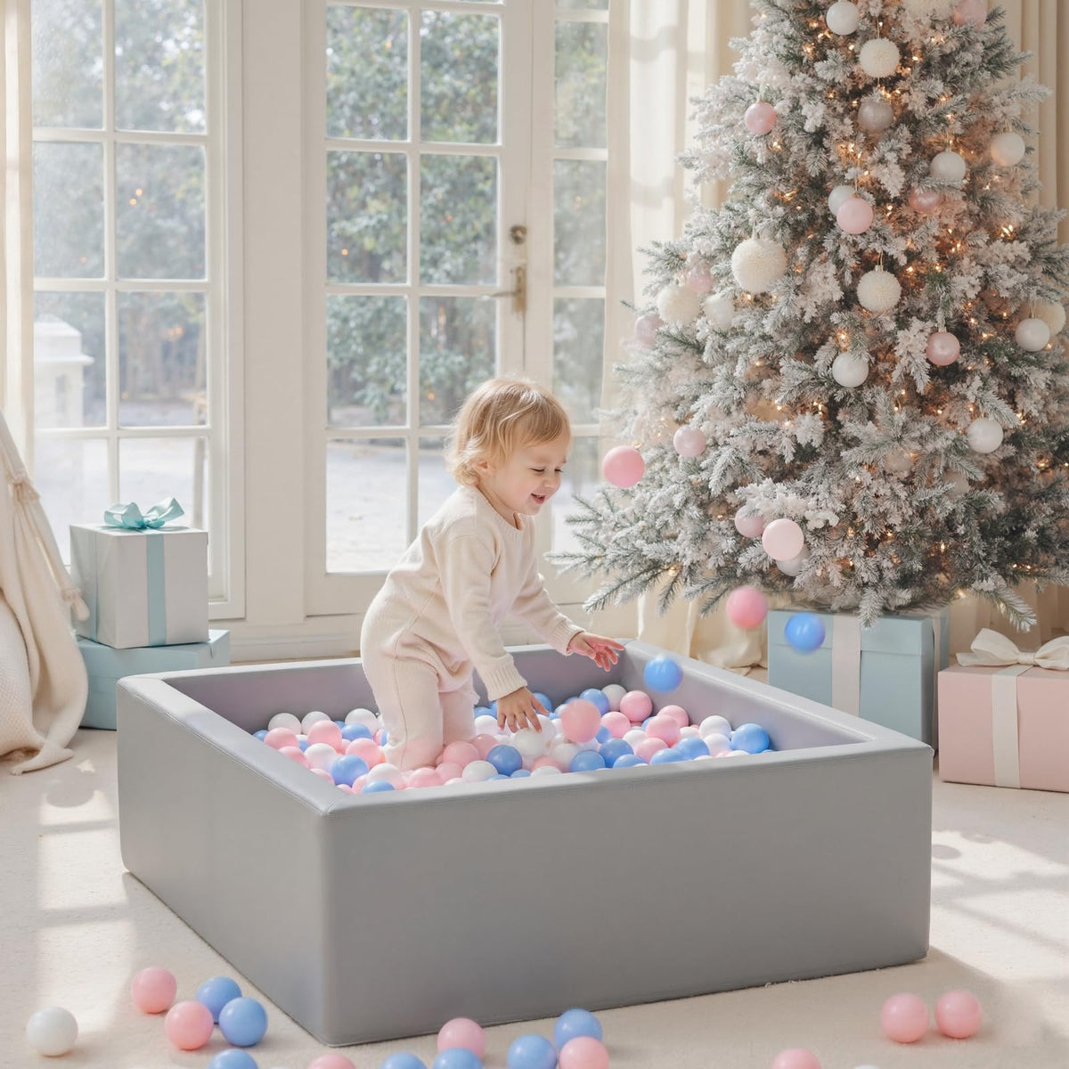 Moncoland ball pit folds for easy storage with concealed zipper.