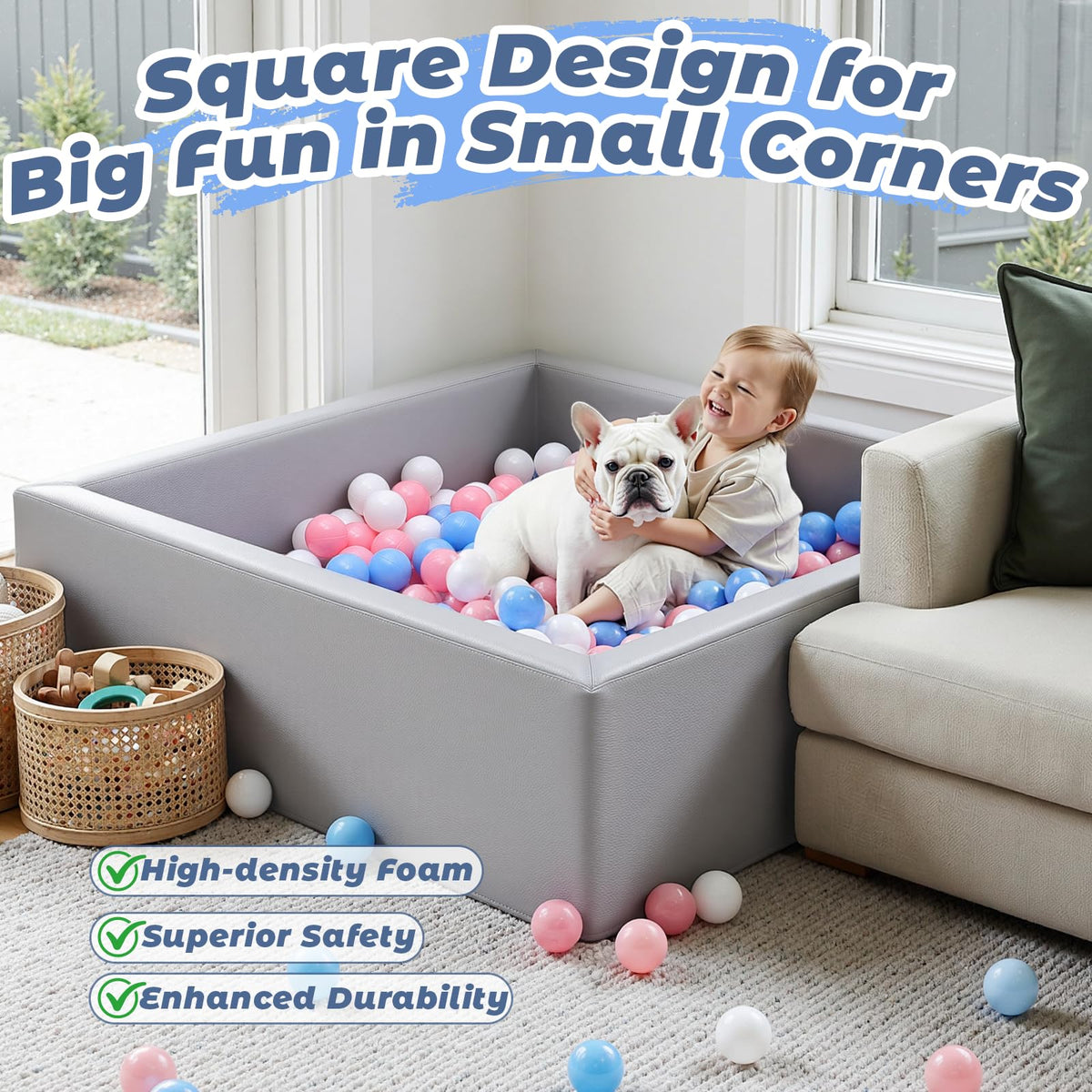 Moncoland ball pit with waterproof vegan leather cover for easy cleaning.