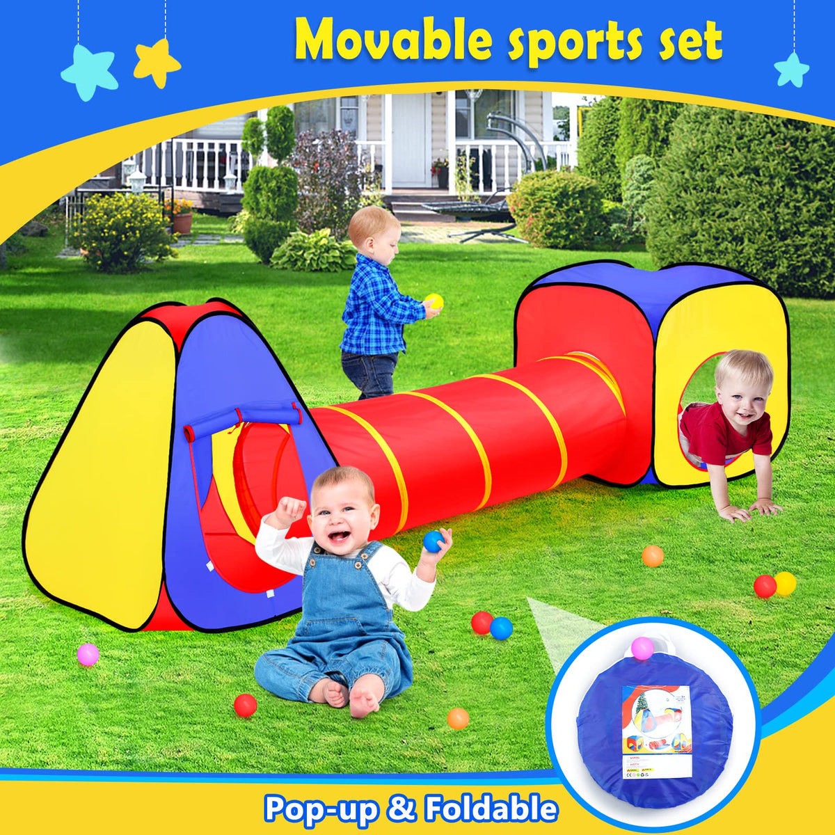 Moncoland foldable play tent fits in its bag for easy transport.
