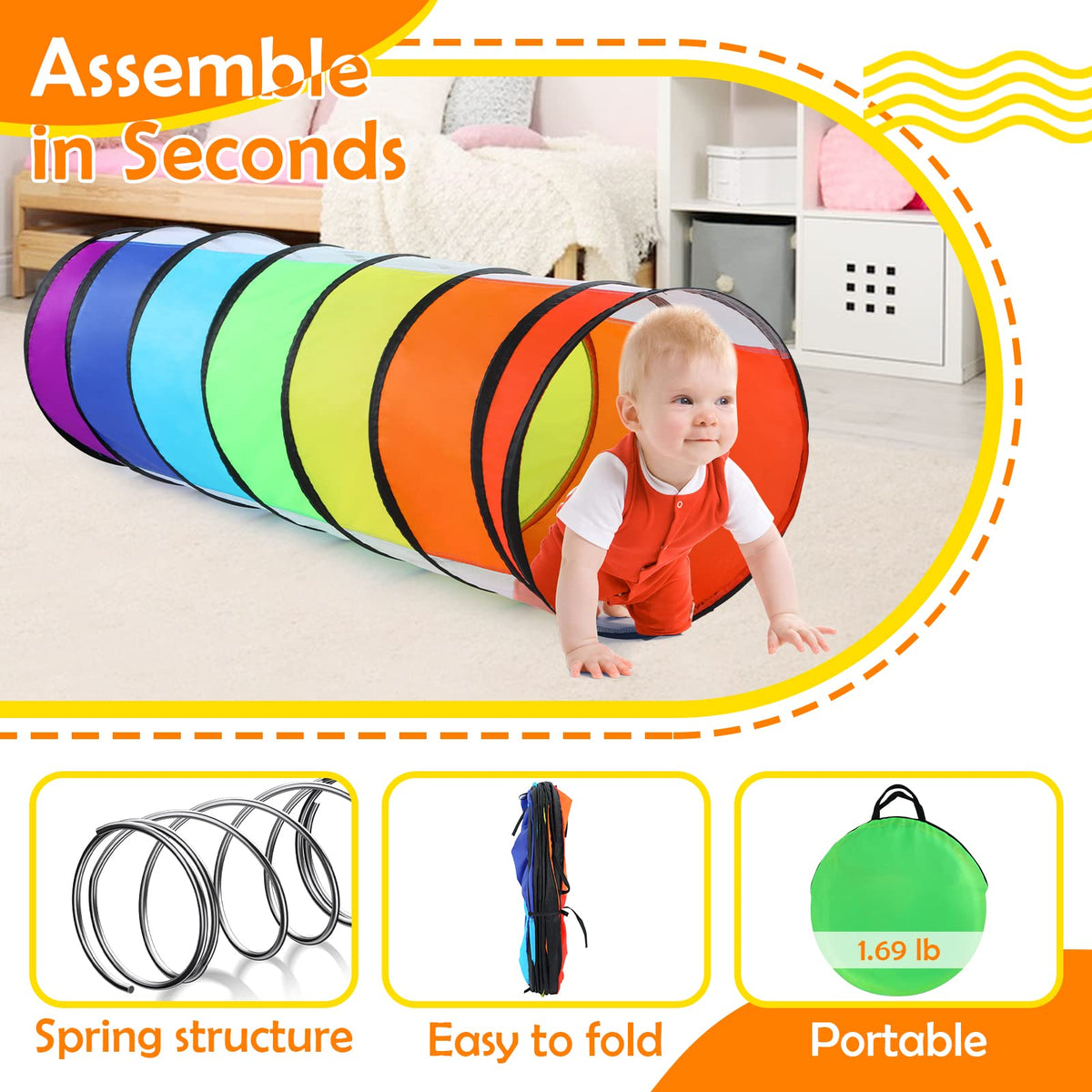 Moncoland Kids Play Tunnel Easy Fold Storage: collapsible design for compact transport.