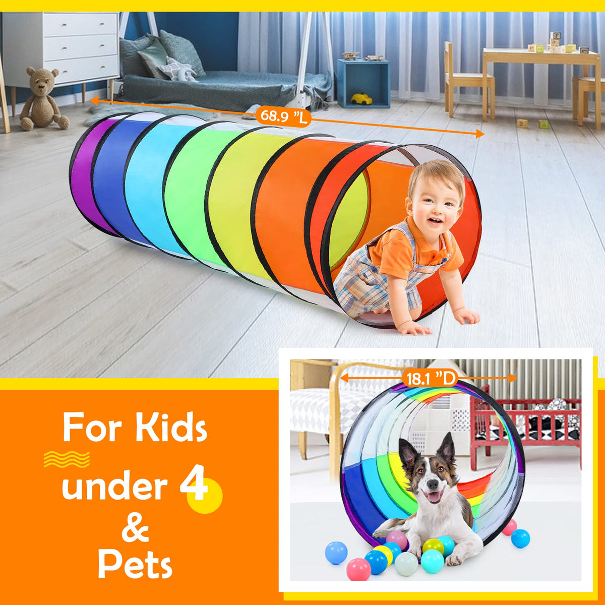 Moncoland Kids Play Tunnel Rainbow Colors: vivid hues spark creativity during play.