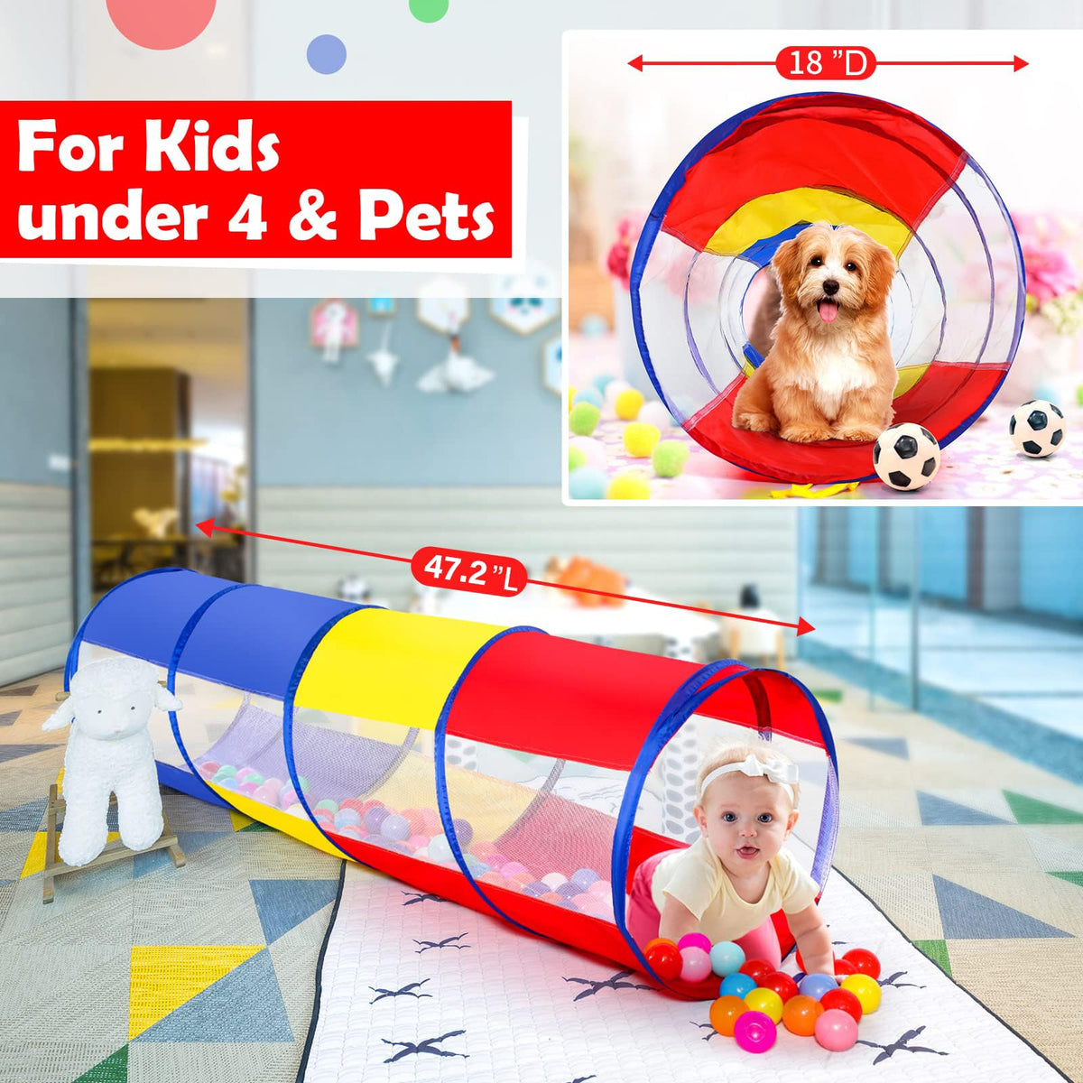 Moncoland pop-up tunnel with easy assembly for indoor play