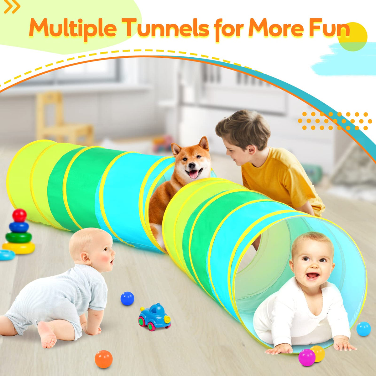 Crawling tunnel promotes active play and spatial awareness.