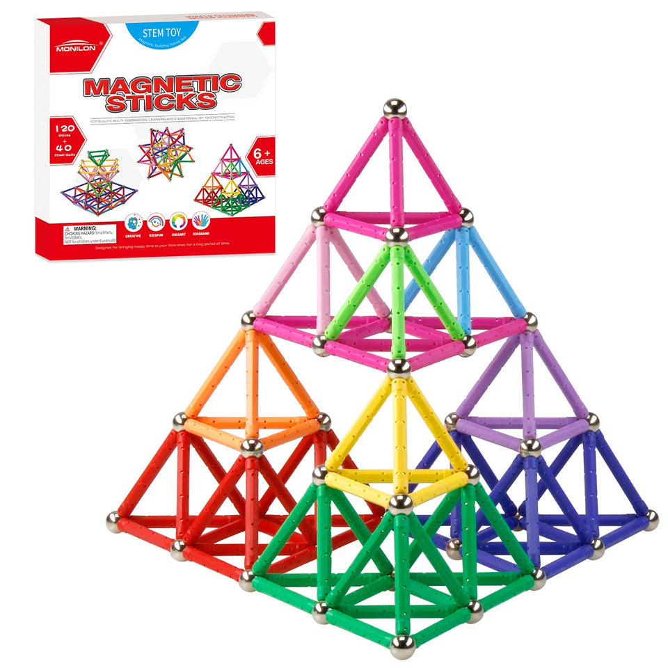 MONILON 160-pcs magnet building sticks spread on table for creative stacking and exploration.