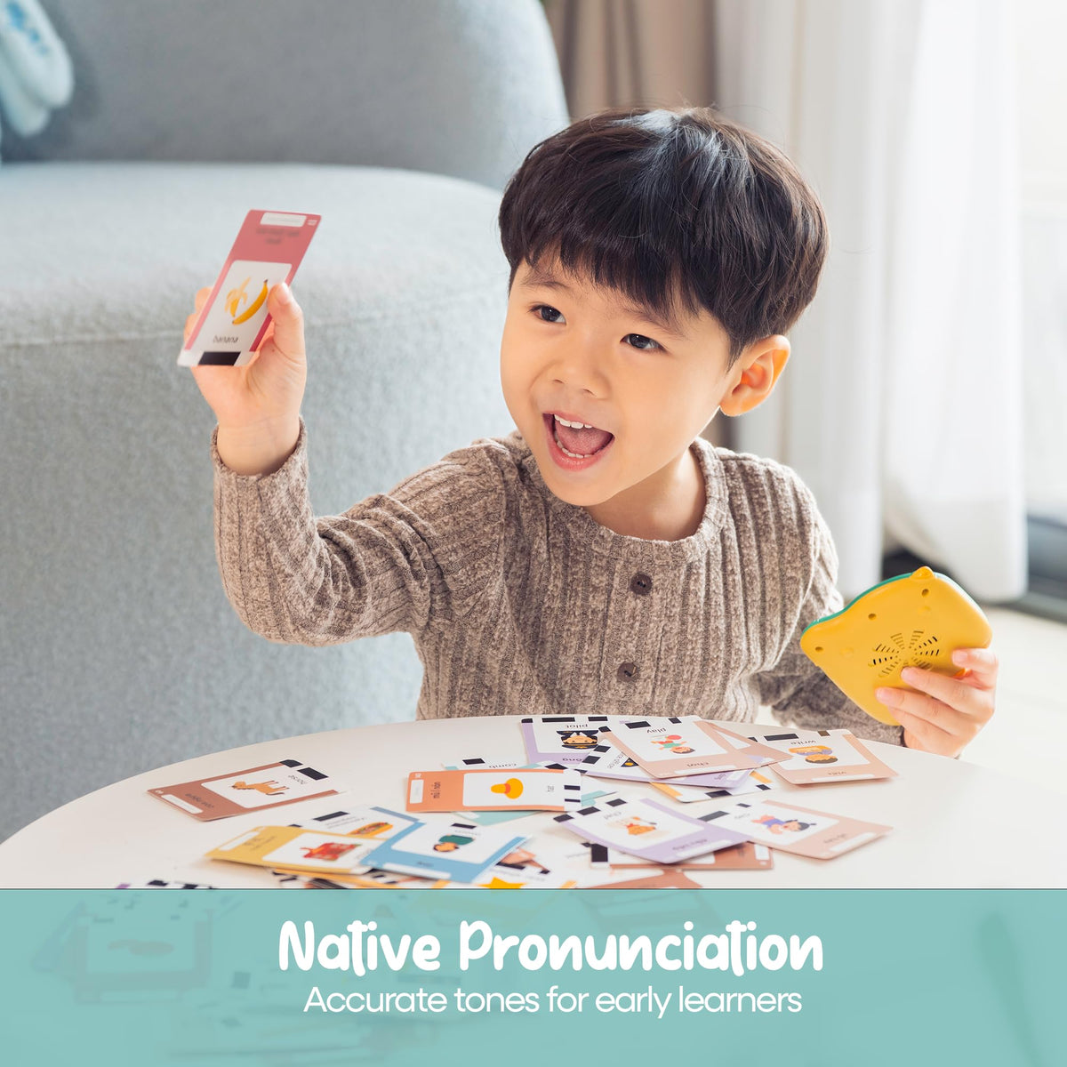 Screen-free play setup showing instant word playback via card insertion