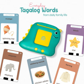Monkey and Bananas Tagalog flash cards showing 18 themes for daily-life words
