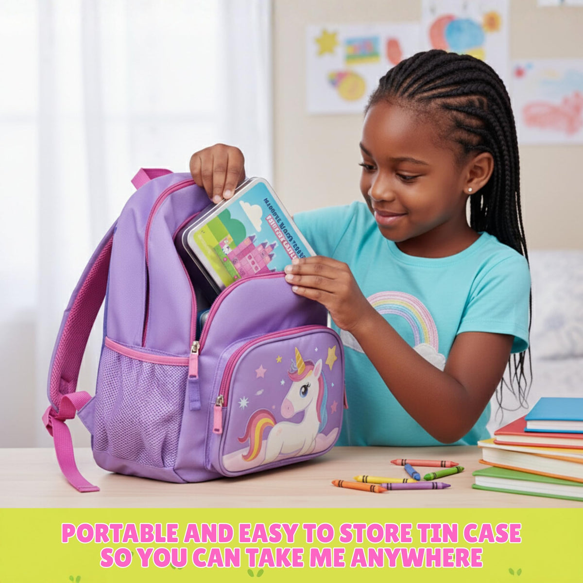 MonkeyTots Travel tin keeps blocks quiet and organized in bags