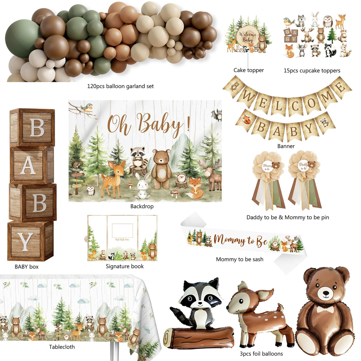 Monnberry baby shower boxes provide coordinated woodland ambiance and easy setup.