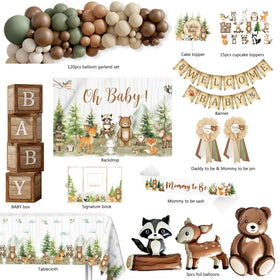 Monnberry baby shower boxes provide coordinated woodland ambiance and easy setup.