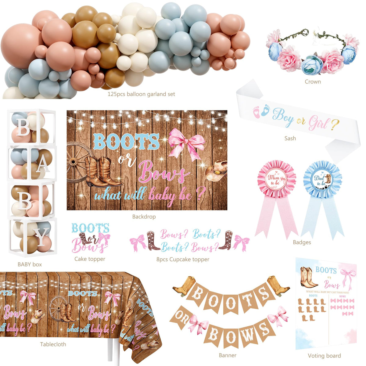 Monnberry boots-bows banner-kraft rustic banner enhances gender reveal decorations
