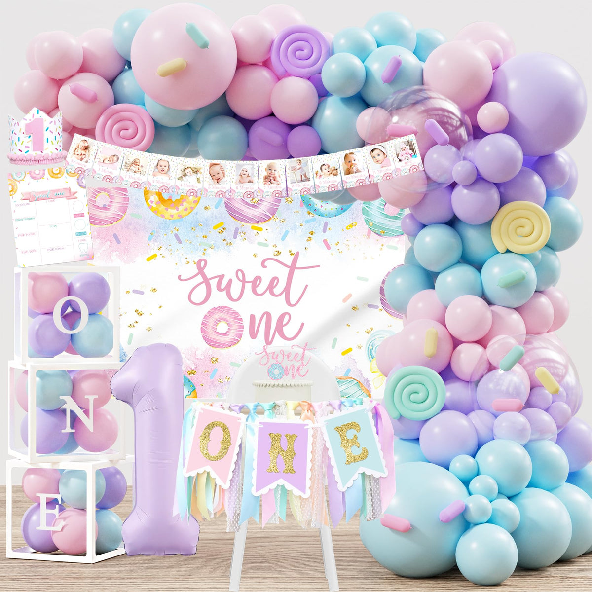 Monnberry donut world backdrop for adorable first birthday photos.