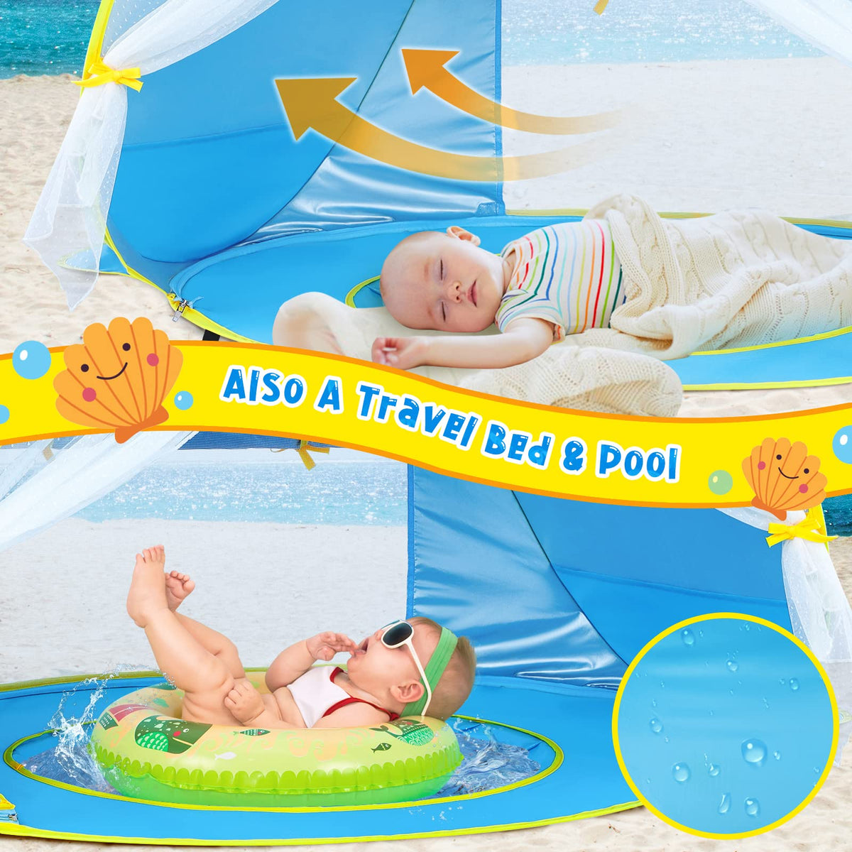 Monobeach pop-up setup for instant shade on busy beach days.
