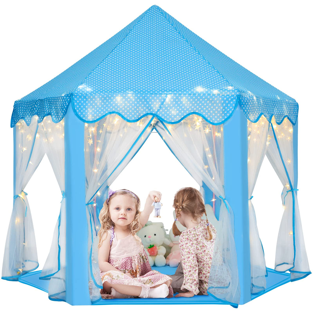 Monobeach Princess Castle Playhouse blue entrance—cozy indoor play space for imaginative princess adventures.