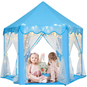 Monobeach Princess Castle Playhouse blue entrance—cozy indoor play space for imaginative princess adventures.