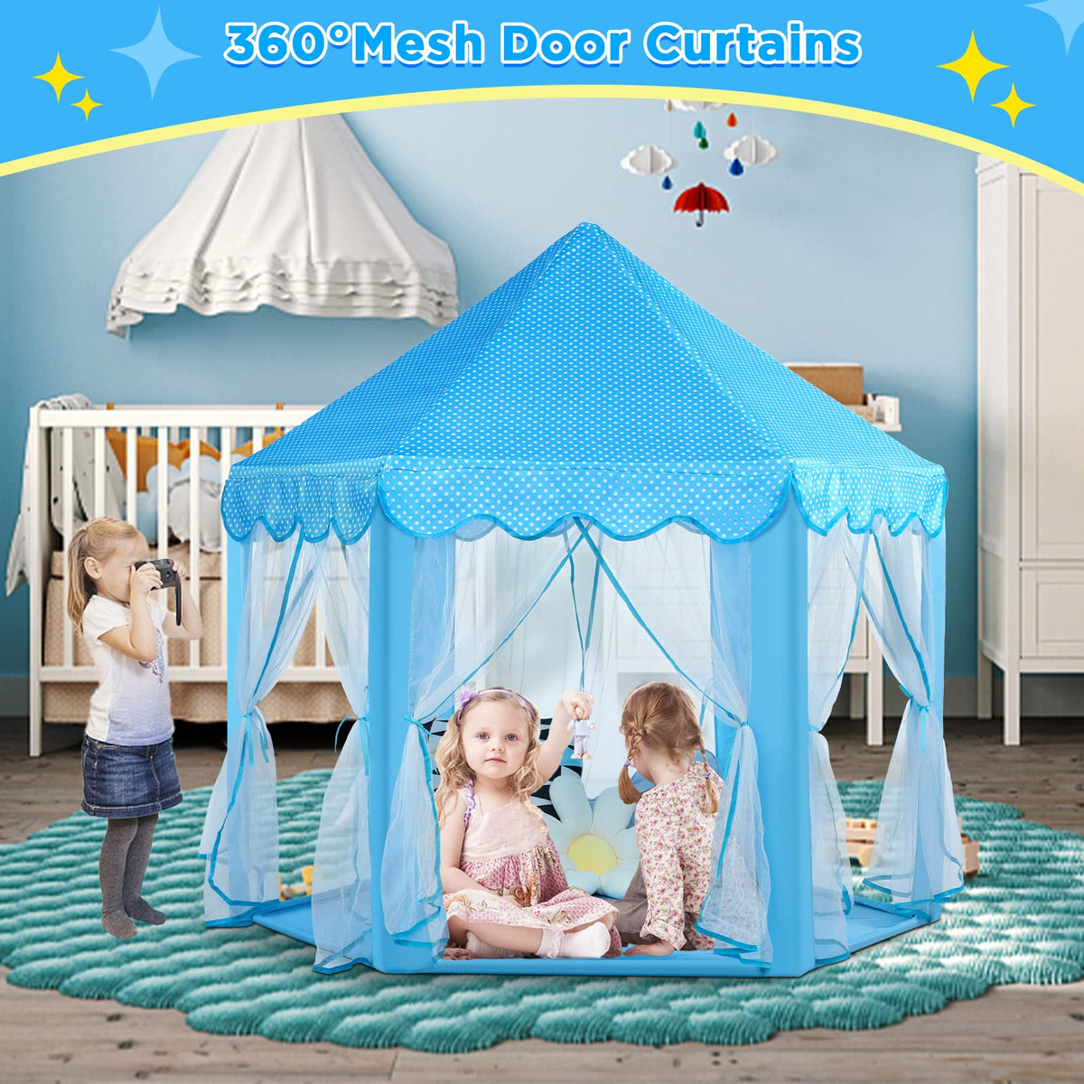 Monobeach Princess Castle Playhouse dimensions 55x53 inches—spacious design for multiple kids.