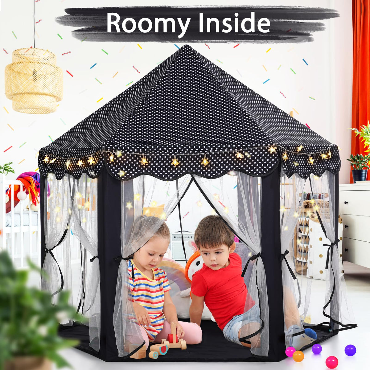 Monobeach Princess Tent star lights add cozy ambiance for storytelling.