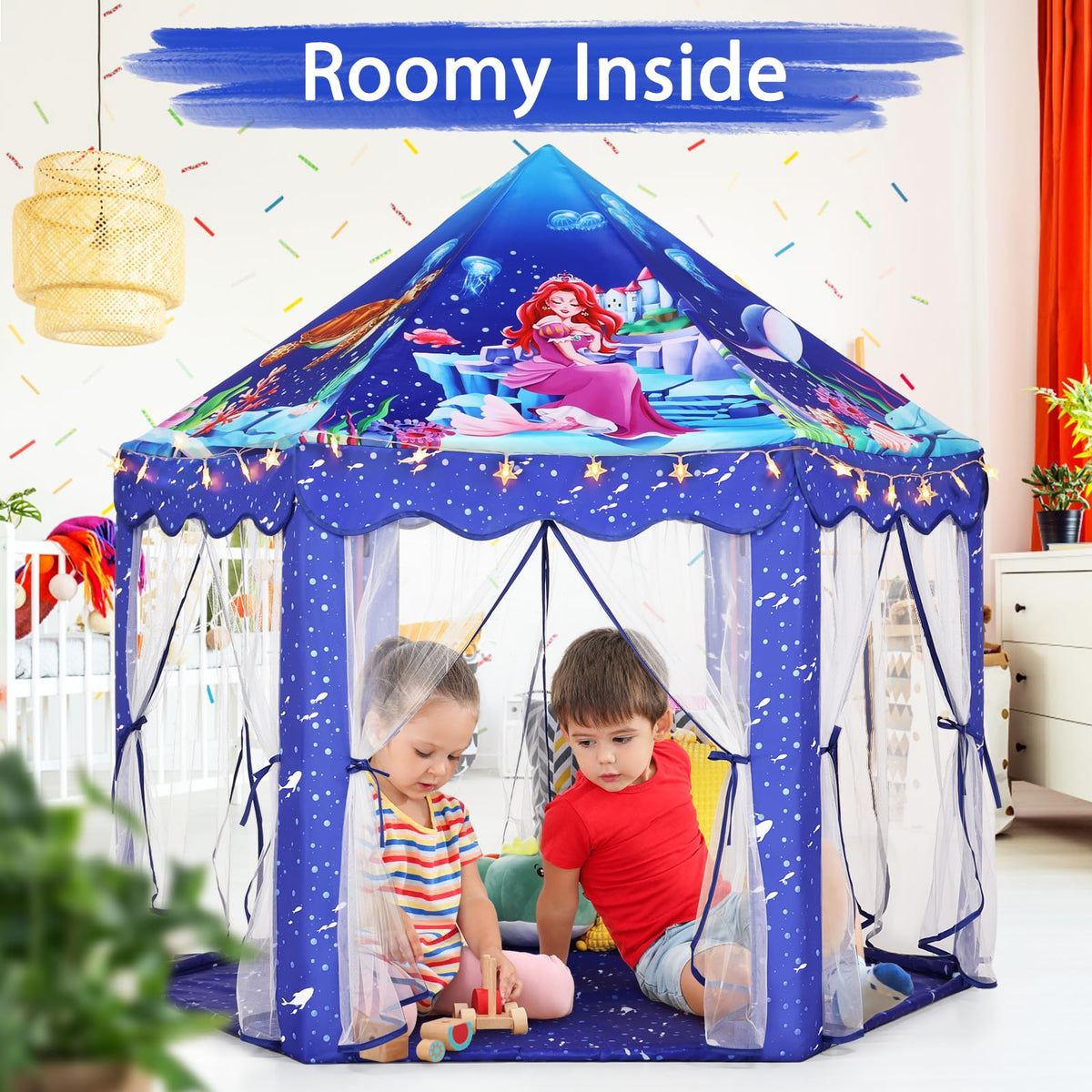 Monobeach mermaid princess tent with star lights for cozy ambience.
