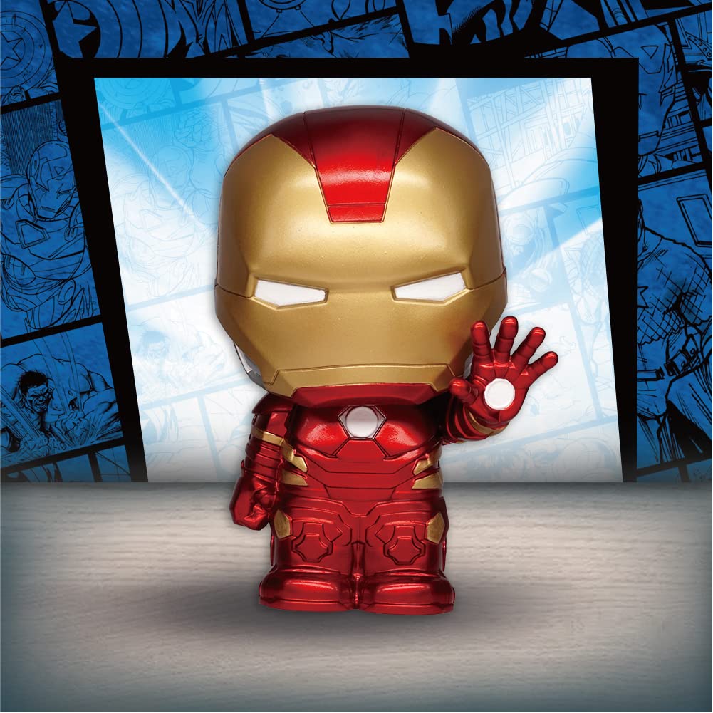 Monogram Iron Man Bank, height 8 inches, compact on shelves.