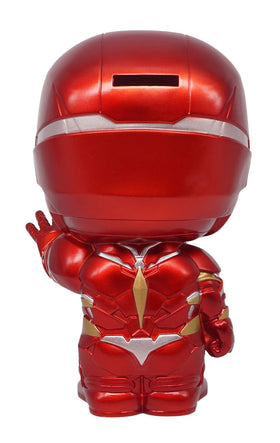Monogram Iron Man figurine bank, back view, sturdy PVC design for daily display.