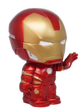 Monogram Iron Man bank, side view, ideal desk decor for saving.