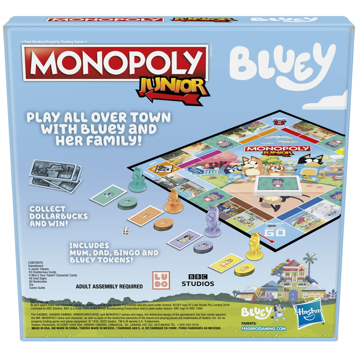 Bluey Edition tokens featuring Bluey, Bingo, Mum and Dad for kids