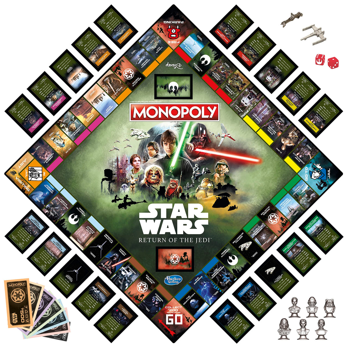 Monopoly Star Wars Return of the Jedi dice and cards activate character powers