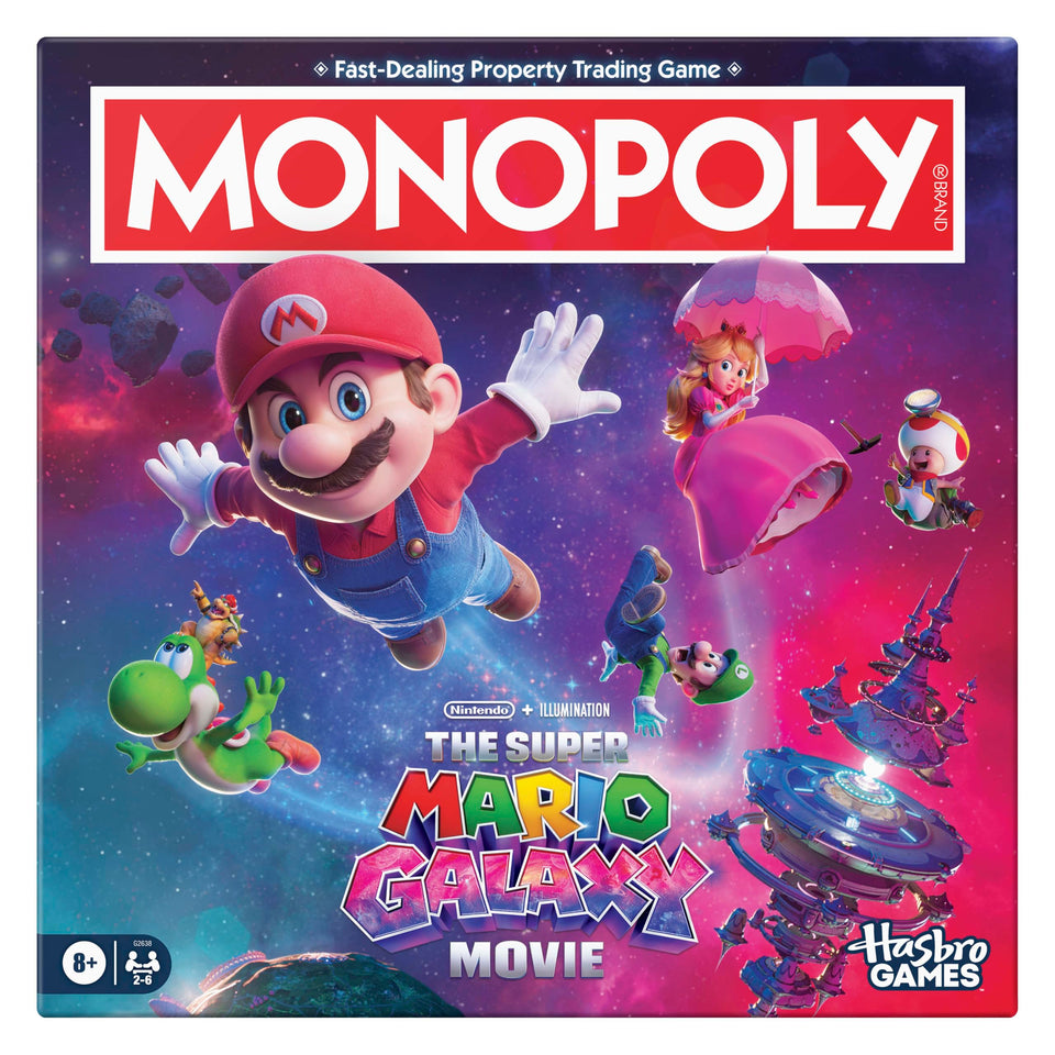 Monopoly Super Mario Galaxy Movie Edition gameboard featuring galaxy locations for family game night