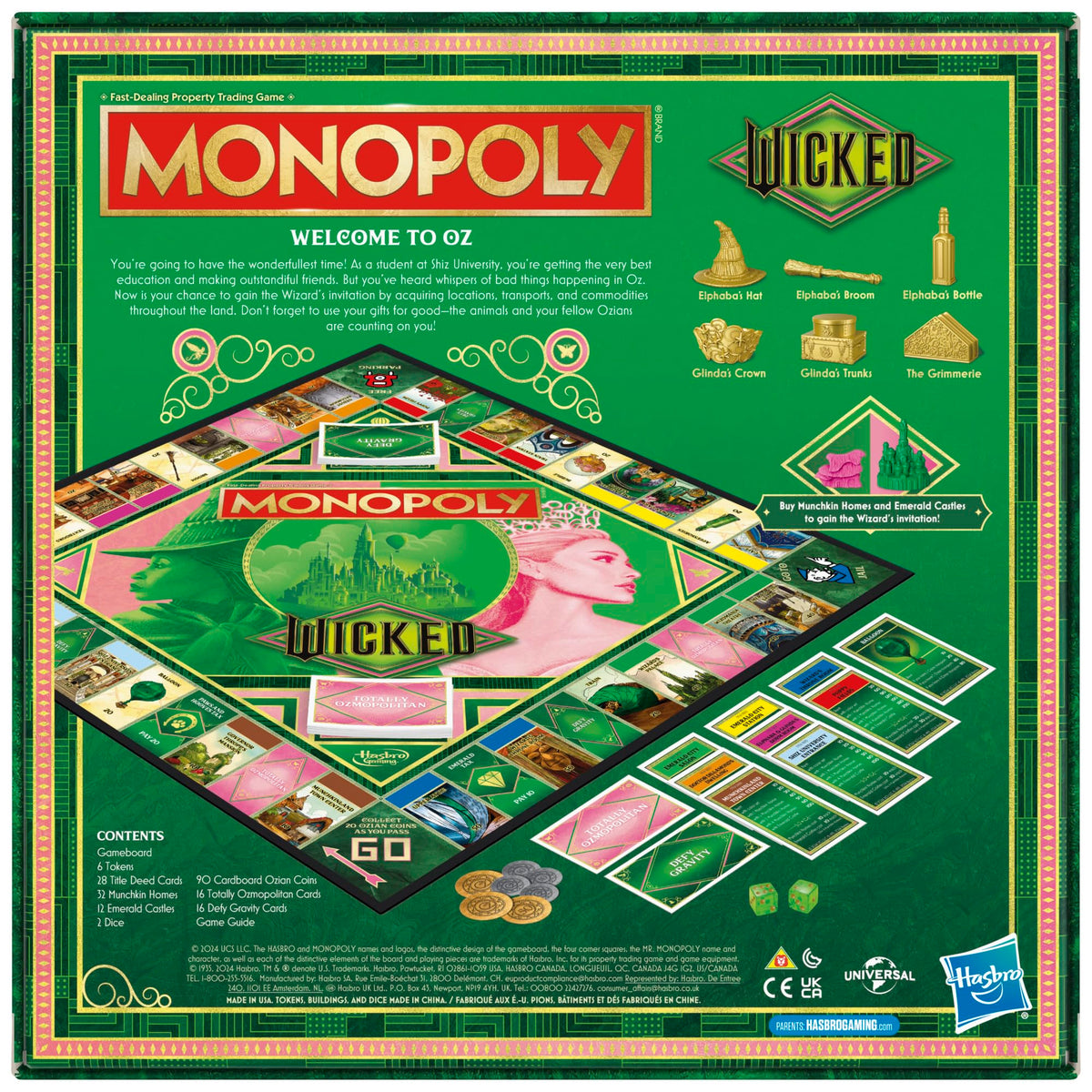 Monopoly Wicked Edition golden tokens featuring Elphaba hat for collectible play.