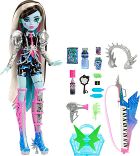 Monster High Amped Up Frankie Stein on stage, fully articulated for dynamic rock poses.