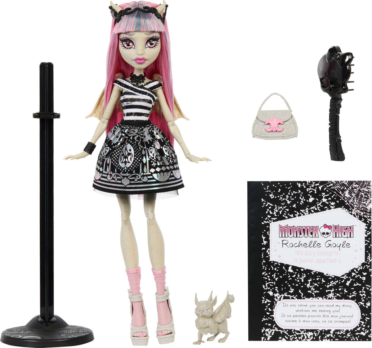 Elegant accessories and handbag enhance spooky-chic style.