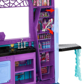 Open layout of Monster High Boo-tique Hotel showing 5 play areas