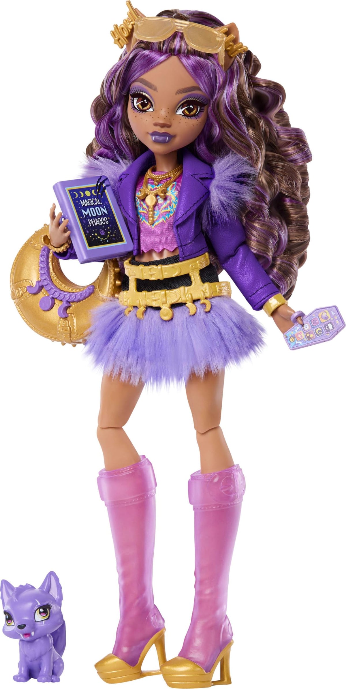 Monster High Clawdeen Wolf doll in purple moto jacket and faux fur skirt for stylish imaginative play