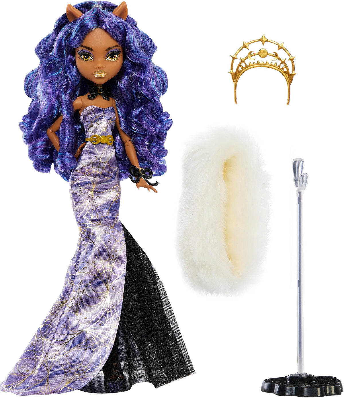 Monster High Clawdeen Wolf gown with spiderweb detail catching candlelight.