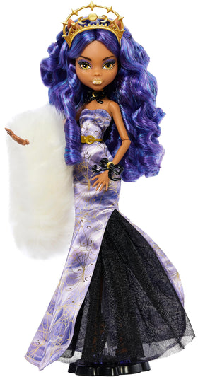Monster High Clawdeen Wolf in icy lavender gown for collectors display.